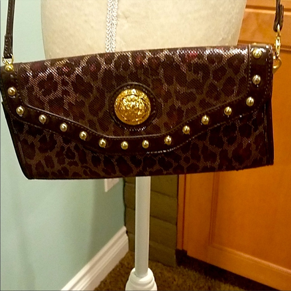 Animal Patterned Crossbody Purse with Gold Riveting and Emblem